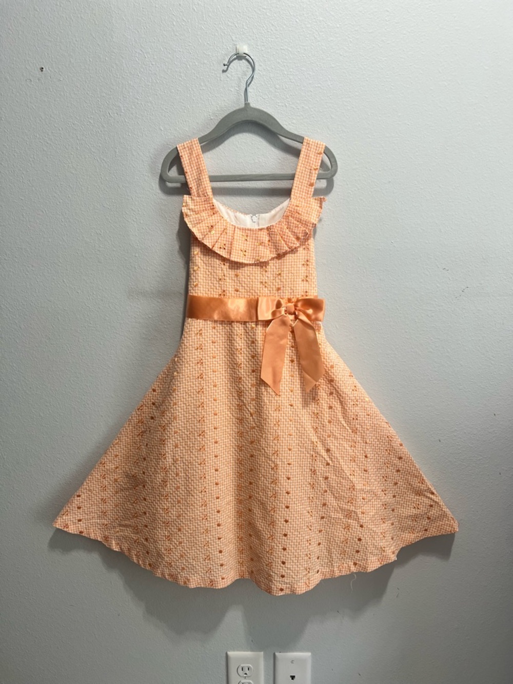 Girls Peach Floral Eyelet Dress with Satin Bow